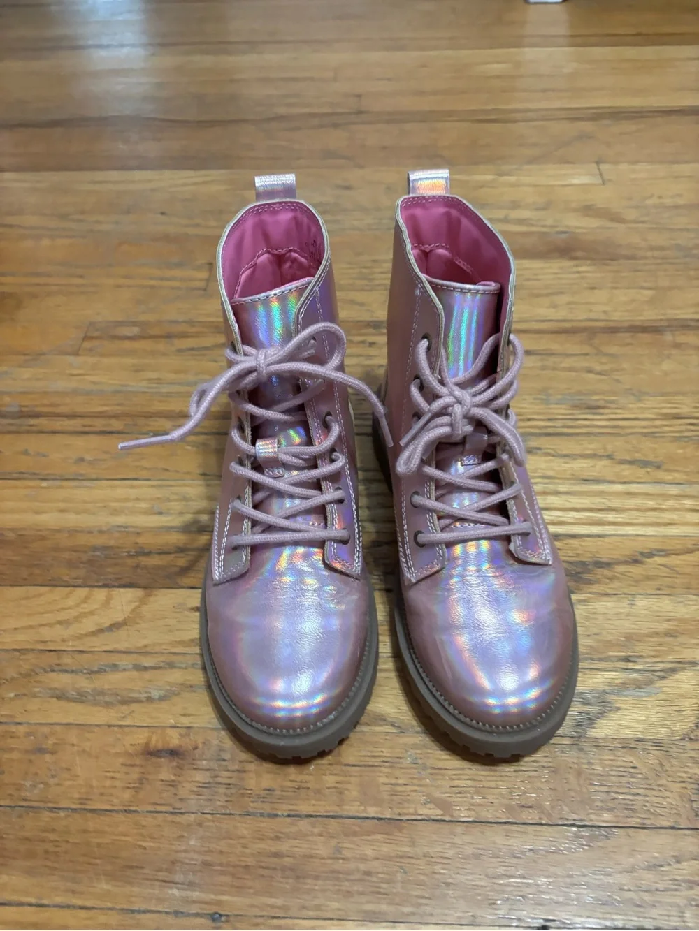 Old Navy Iridescent Pink Lace-Up Kids Combat Boots